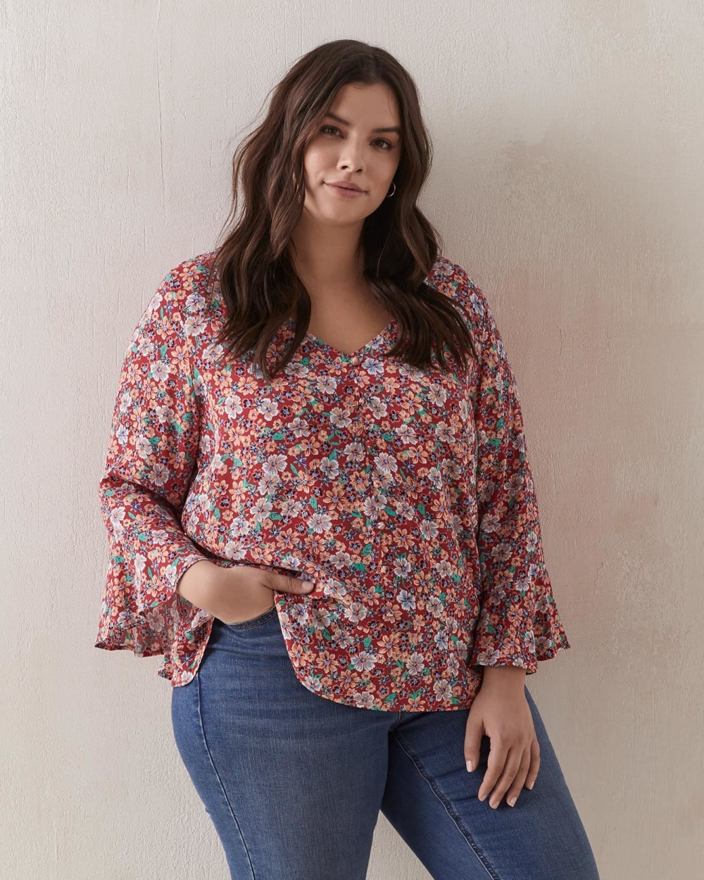 Printed V-Neck Blouse With Ruffles - In Every Story | Penningtons