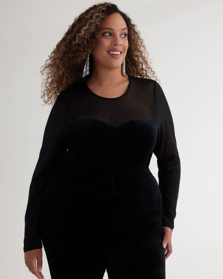 Black Mesh and Velvet Knit Top