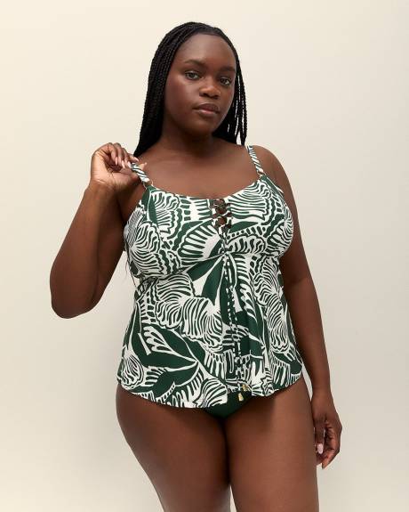 Foliage-Print Lace-Up Tankini Top