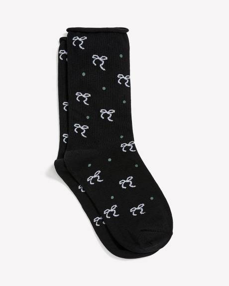 Black Rolled-Edge Crew Socks with Bow Print