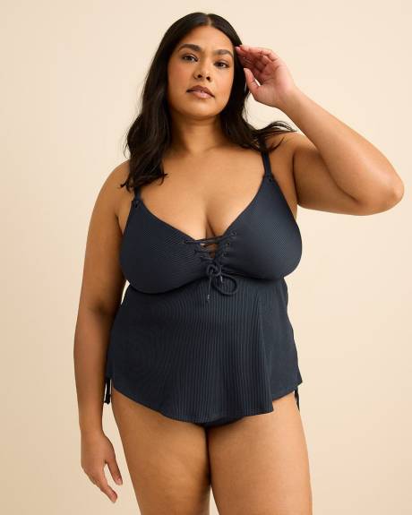 Tankini &agrave; silhouette trap&egrave;ze et encolure lac&eacute;e