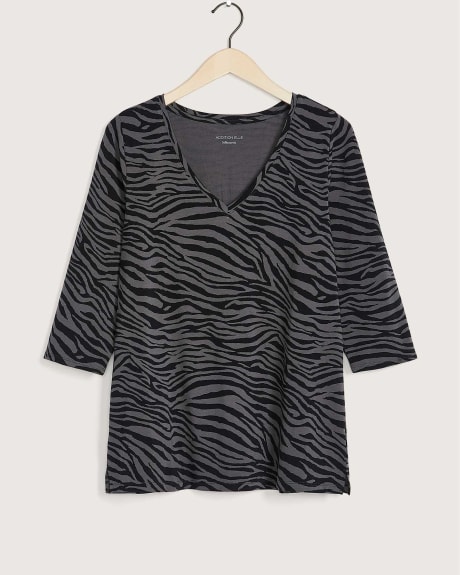 T-shirt en coton imprimé avec col en V, coupe silhouette - Addition Elle