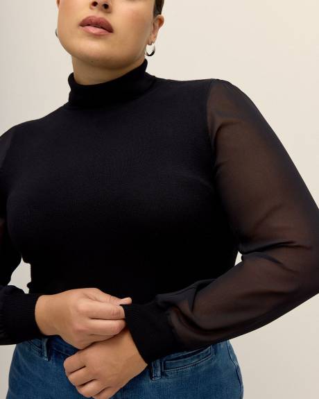Black Turtle Neck Sweater with Chiffon Sleeves - Addition Elle