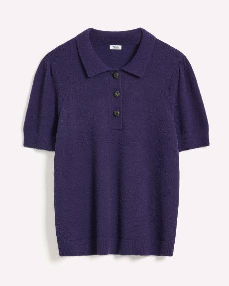 Plush Short-Sleeve Polo Sweater with Fancy Buttons