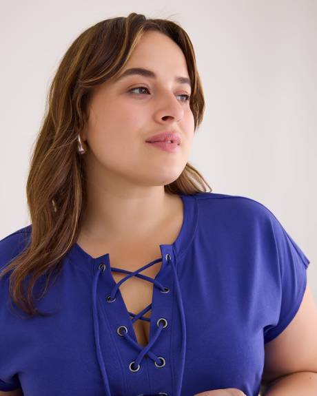 A-line Knit Top with Lace-Up V-Neck