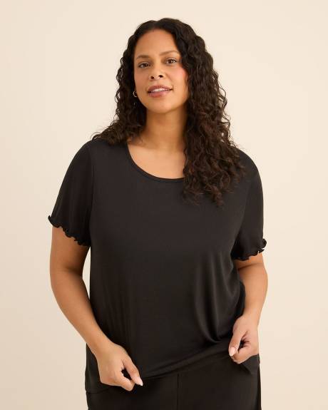 Black Heart Pointelle Pyjama Top with Lettuce Edge Sleeves - ti Voglio