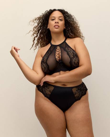 Sexy Black Halter Bra with Laced-Up Details - Déesse Collection