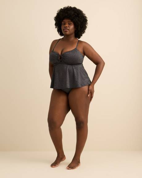 Tankini &eacute;vas&eacute; noir scintillant avec encolure fronc&eacute;e &agrave; cordon