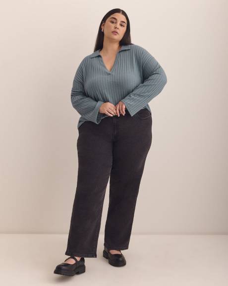 Ribbed Knit Polo Sweatshirt