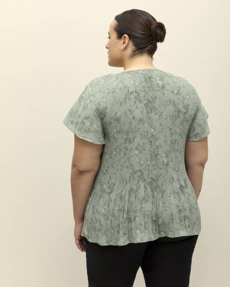 Responsible, Pleated V-Neck Blouse with Short Flutter Sleeves