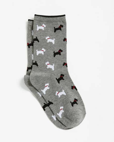 Grey Crew Socks with Dog Print