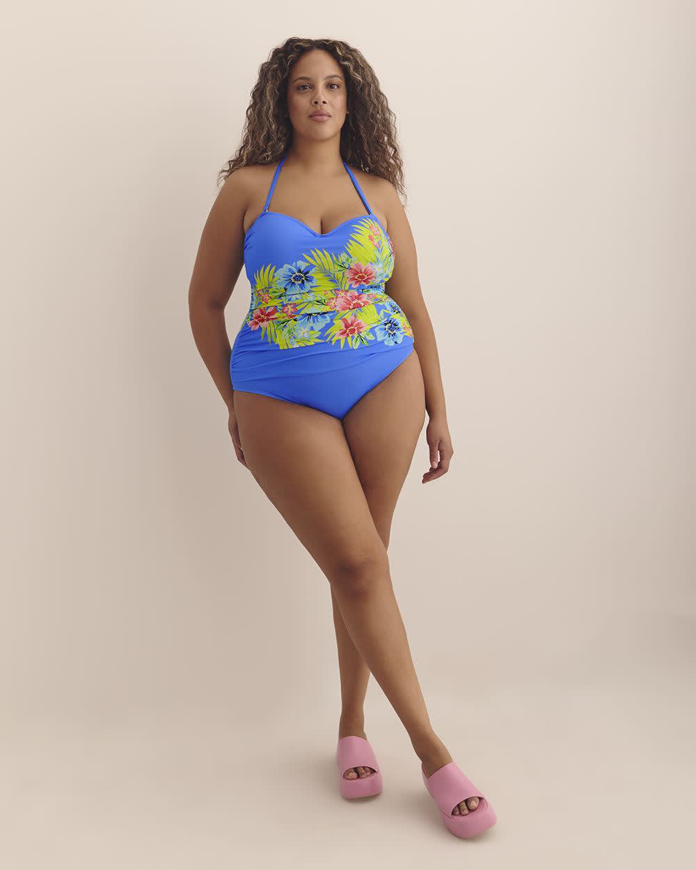 Maillot une-pièce fleuri de style bandeau froncé - Bleu by Rod Beattie