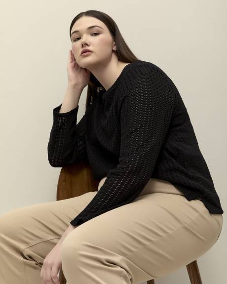 Long-Sleeve Crewneck Crochet Knit Top