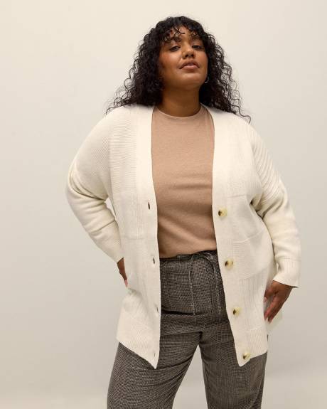 Cardigan à mailles patchwork et col en V, tissu responsable