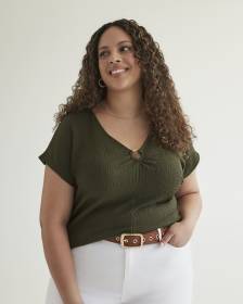 V-Neck Knit Top with Decorative Ring
