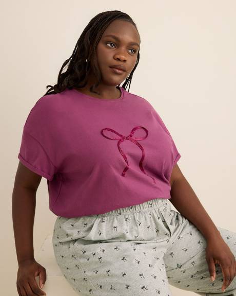 Boxy-Fit Short-Sleeve Crewneck Pyjama Tee with Satin Bow Appliqué - ti Voglio