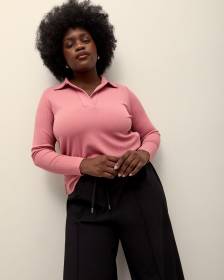 Ribbed Long-Sleeve Polo Knit Top - Addition Elle