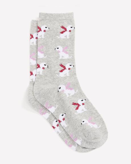 Rolled-Edge Crew Socks with Dog Print