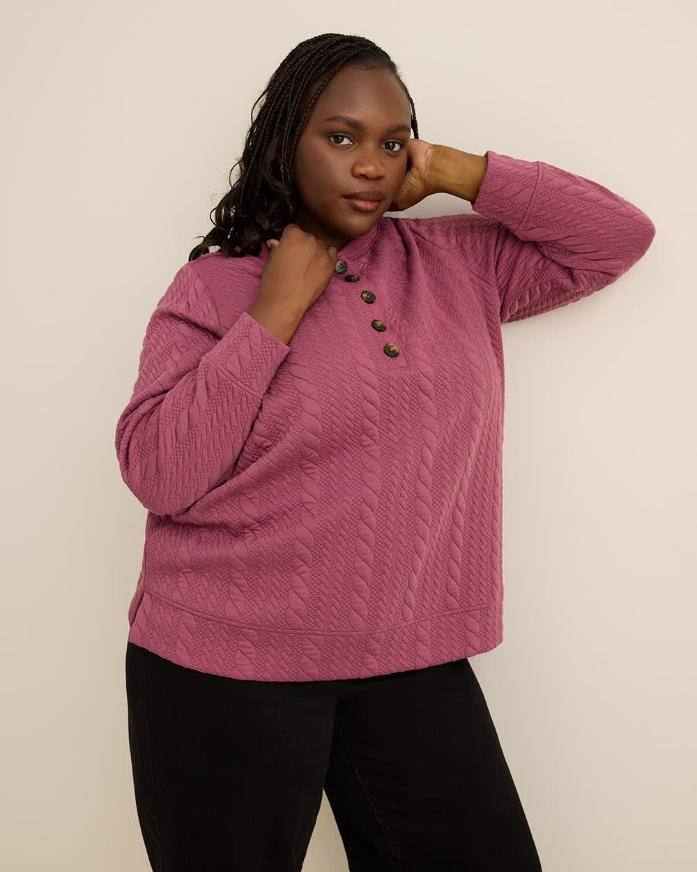 Long-Sleeve Cable Knit Buttoned Crewneck Top Long-Sleeve Cable Knit Buttoned Crewneck Top