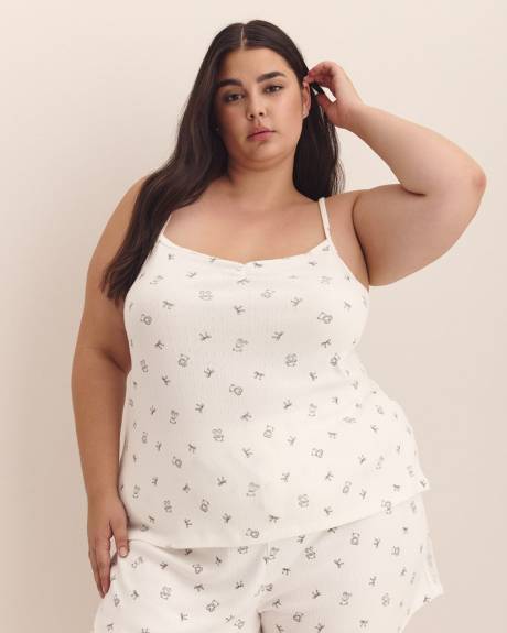 White Bear-Print Pointelle Cami with Shirring Neckline - ti Voglio
