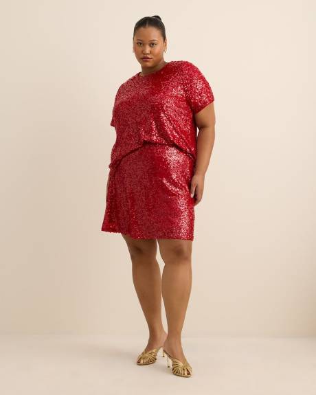 Red Short-Sleeve Sequins Knit Top