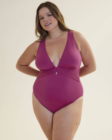 Solid V-Neck One-Piece Swimsuit