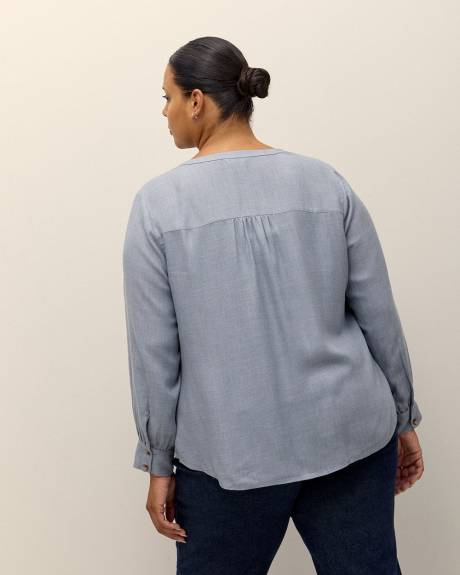 Long-Sleeve Half-Placket Twill Blouse