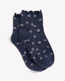 Chaussettes courtes bleues &agrave; motif de marguerites avec rebord ondul&eacute;