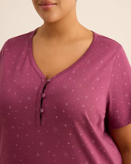Long Purple Short-Sleeve Knit Sleepshirt with Star Print - ti Voglio