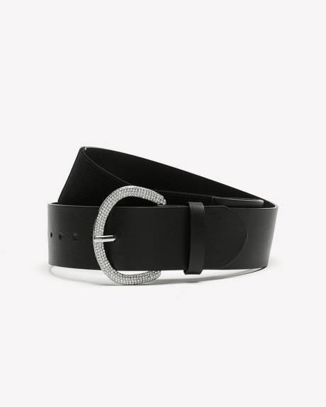 Black Elastic Belt with Silver Rhinestone Buckle