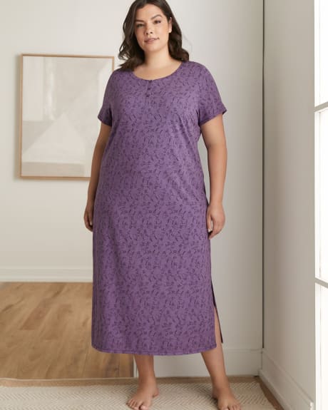 Printed Long Sleepshirt with Henley Neckline - tiVOGLIO