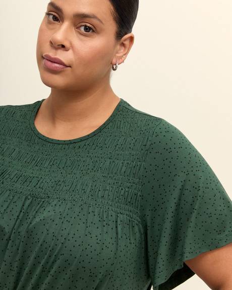 Flutter-Sleeve Knit Top with Smocked Detail