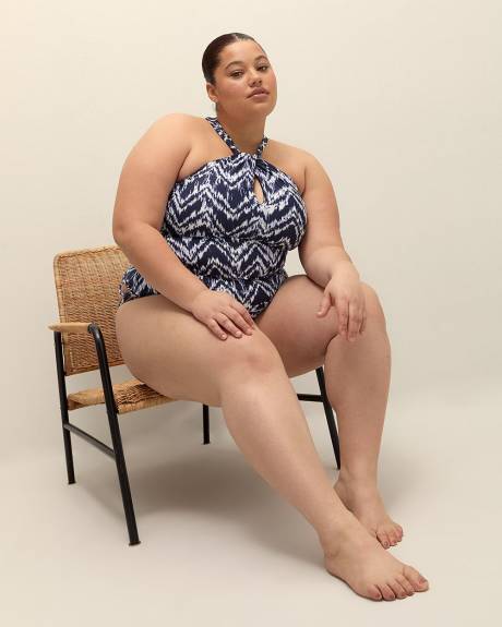 Herringbone-Print Halter Twist Tankini Top