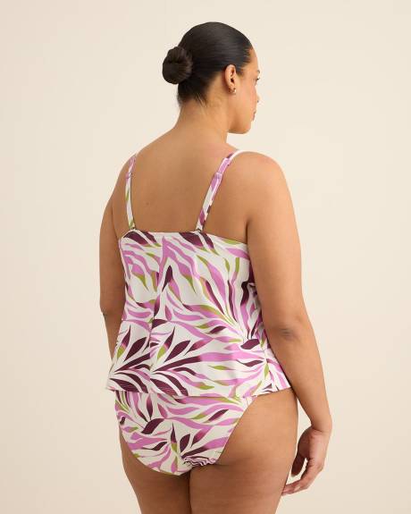White Plunge Tankini Top with Purple Foliage Print