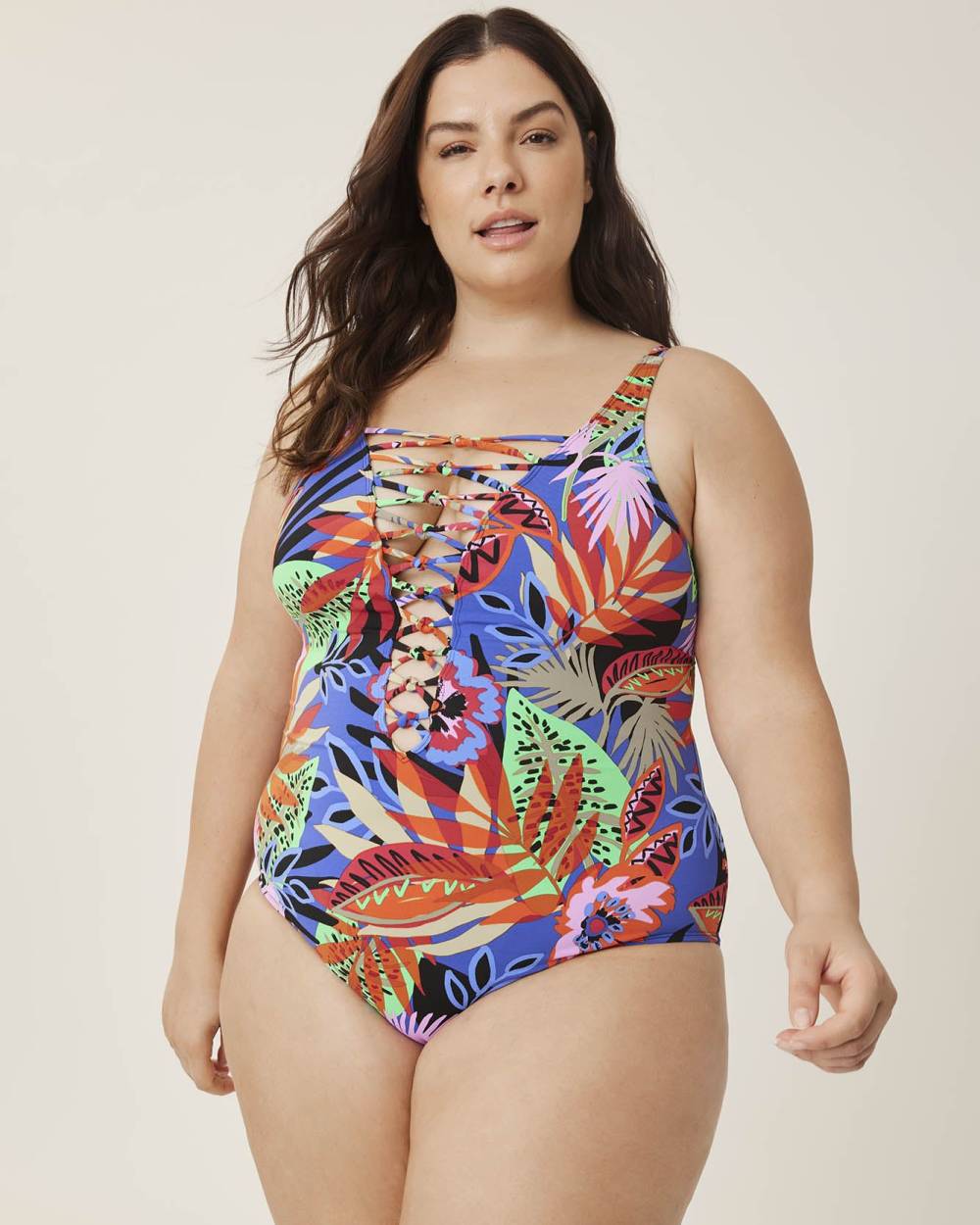 Tropical-Print Lace-Down One-Piece Swimsuit - Bleu Rod Beattie