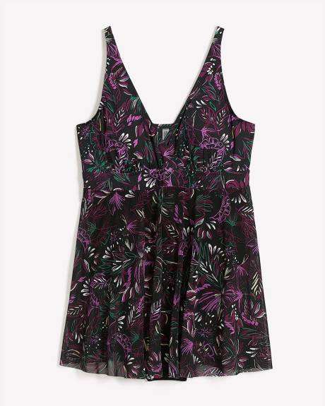 Leaf-Print V-Neck Swimdress with Mesh Skirt