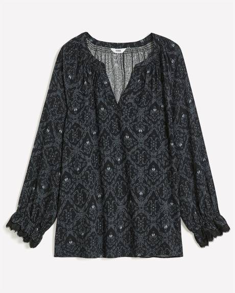Long-Sleeve A-Line Blouse with Split Neckline