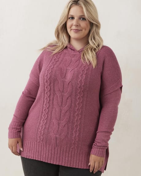 Hooded Poncho Sweater with Cable Stitches