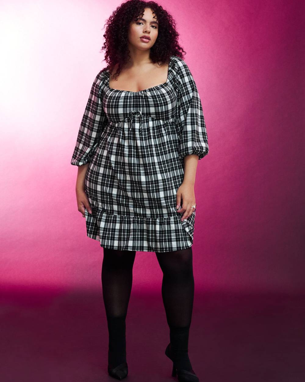 Plaid Tiered Dress with Balloon Sleeves - Addition Elle