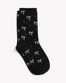 Black Rolled-Edge Crew Socks with Bow Print