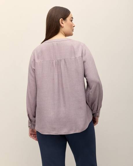 Long-Sleeve Half-Placket Twill Blouse