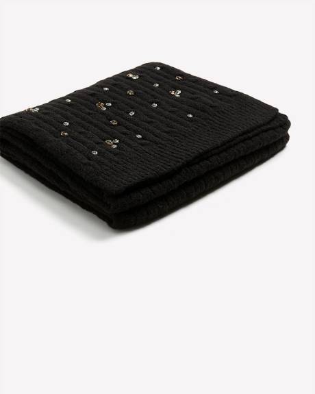 Black Cable Stitch Scarf with Decorative Jewels