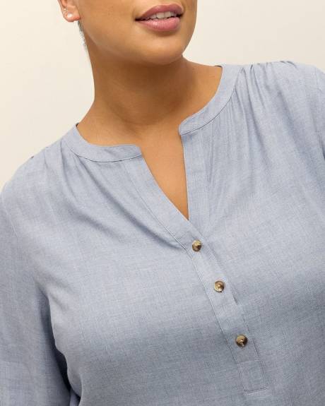Long-Sleeve Half-Placket Twill Blouse
