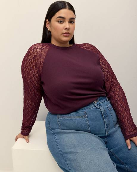 Ribbed Knit Top with Long Lace Sleeves