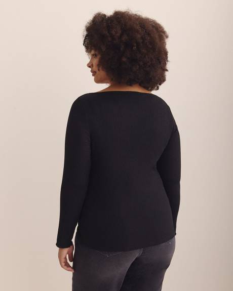Boat-Neck Knit Top with Lettuce-Edge Sleeves - Addition Elle