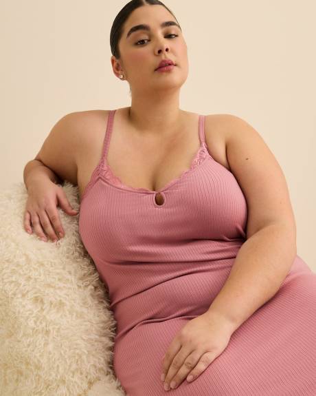 Sleeveless Rib Knit Nightgown with Lace - D&eacute;esse Collection