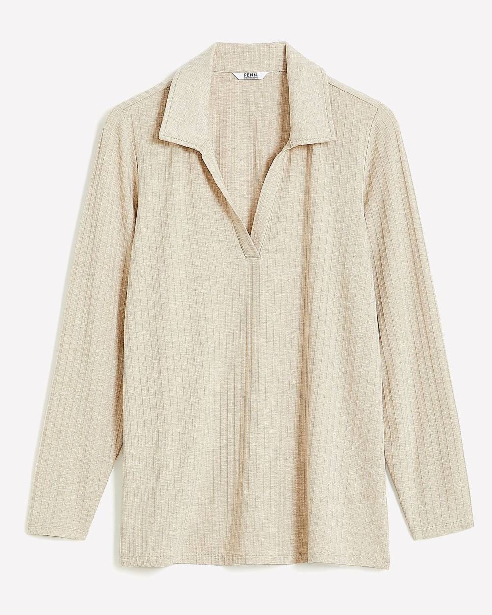 Ribbed Long-Sleeve Polo Knit Top | Penningtons