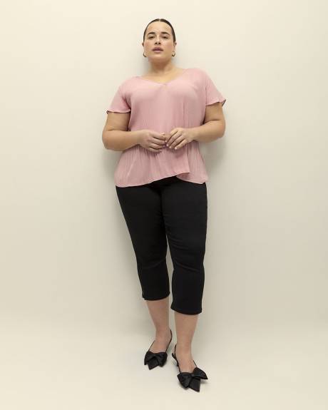 Responsible, Pleated V-Neck Blouse with Short Flutter Sleeves