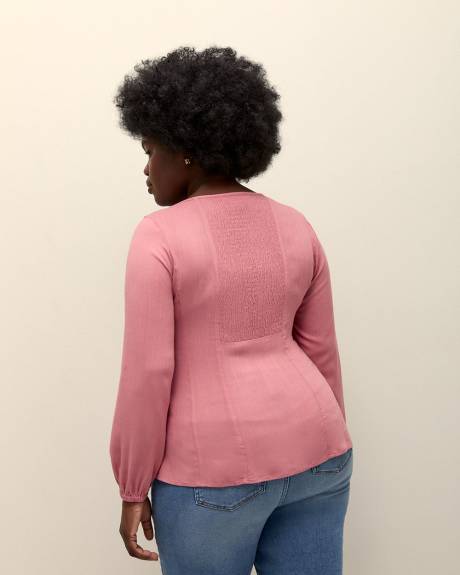 Smocked Back Blouse with Long Balloon Sleeves - Addition Elle