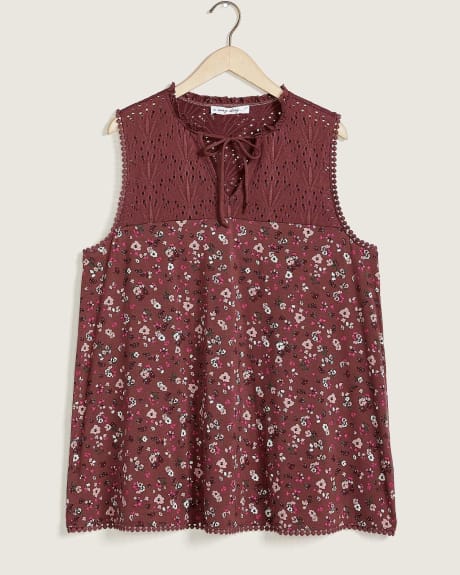Printed Sleeveless Tank Top With Eyelet Yoke - In Every Story